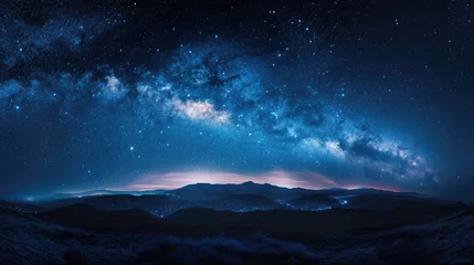 Foto op Plexiglas Amazing Panorama blue night sky milky way and star on dark background.Universe filled with stars, nebula and galaxy with noise and grain.Photo by long exposure and select white balance.selection focus © Anwar