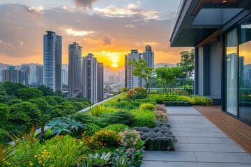 A cityscape with a rooftop garden filled with various vegetables and plants