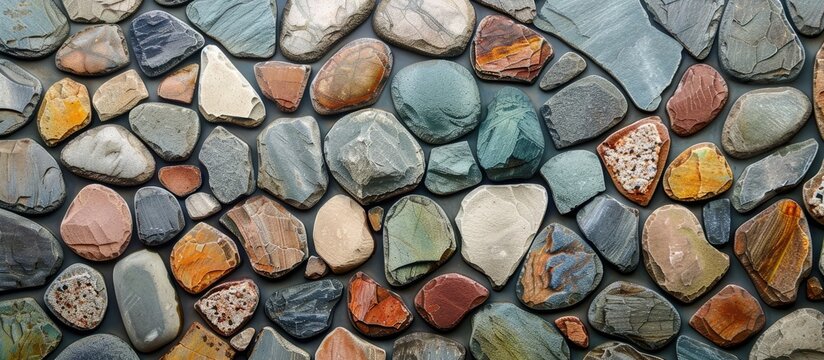 Mosaic Abstract Pattern with Varied Sized Rocks on Wall