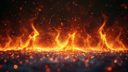 A red fire sparks overlay, a burning campfire flame, flying ember particles in air at night. Abstract magic glow, energy blaze, and shine on black background. 3D modern illustration in realistic 3D - obrazy, fototapety, plakaty
