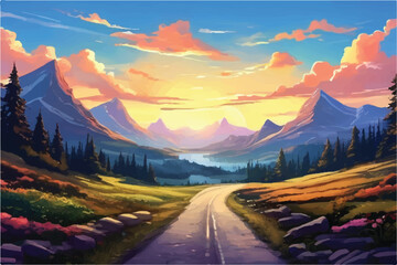Mountain landscape with green hills, sandy road and natural valley. Vector picturesque place background.  scenic hills, spring or summer nature. Beautiful Nature . Mountain landscape. Illustration.  - obrazy, fototapety, plakaty