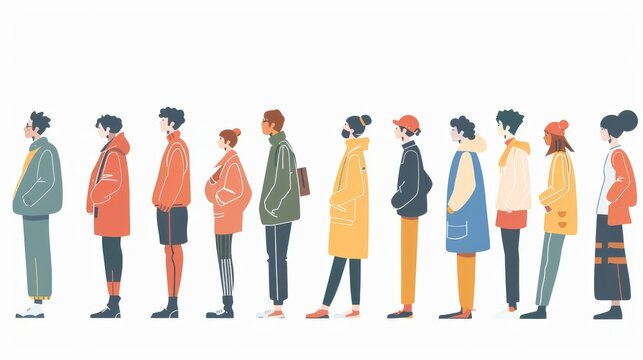 There are many people waiting in line according to guidelines. This is a minimalist modern illustration in flat design style.