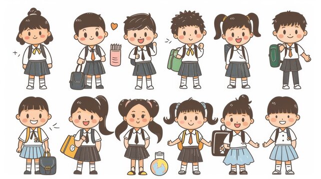 The illustration depicts cute asian student characters in school uniforms. Various frames. Hand-drawn style modern design illustration.