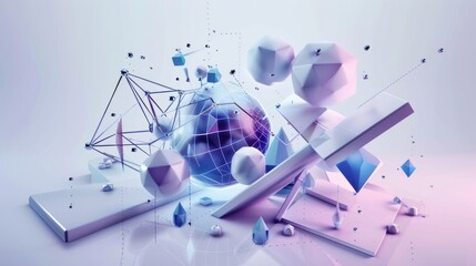 Abstract geometric shapes and connections on a pastel background. 3D render with polygons and network lines for futuristic design and print with place for text
