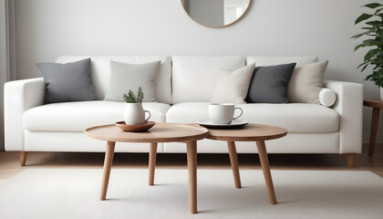 Fototapeta na wymiar Round-wood-coffee-table-against-white-sofa--Scandinavian-home-interior-design-of-modern-living-room