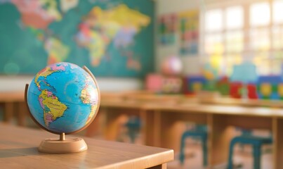 globe on teacher's desk, classroom background