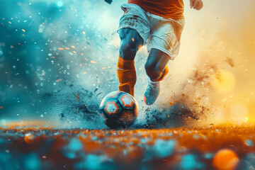 A soccer player is kicking a ball on a field with a blue and orange background