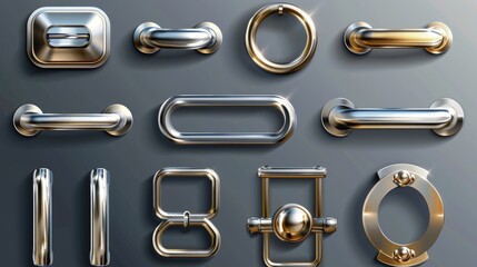 Modern realistic set of contemporary chrome lever handles, long door pulls and chrome lever handles for room interiors in an office or home. - obrazy, fototapety, plakaty