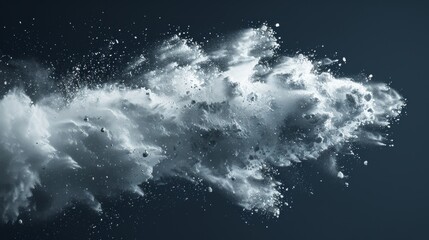 Modern illustration of abstract dust explosion in air, crystal clear washing detergent scattered, snow blizzard, flour explosion on transparent background. - obrazy, fototapety, plakaty