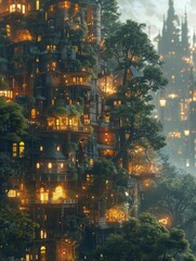 Surreal scene: forest and city merge, intertwining nature with urban life