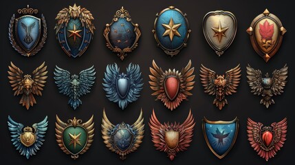 Sets of military game ranking badges with star insignia. Modern illustrations of awards with stone, iron, silver, gold textures. Bird-shaped level achievement icons. - obrazy, fototapety, plakaty