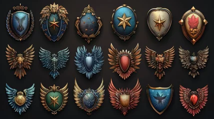 Foto op Aluminium Sets of military game ranking badges with star insignia. Modern illustrations of awards with stone, iron, silver, gold textures. Bird-shaped level achievement icons. © Mark