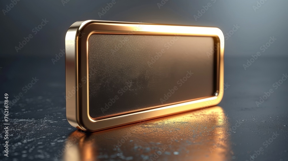 Poster identification tag stand with gold and steel frames, isolated on gray background with table cards an