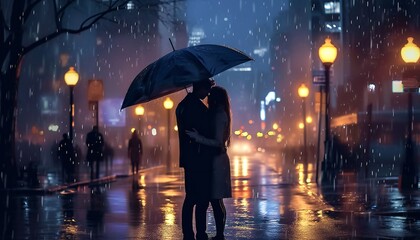 Couple Under Umbrella on Rainy Street