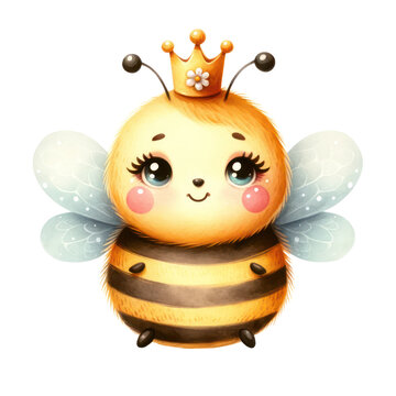 Watercolor cartoon bee with a crown on its head. The bee is smiling and has a happy expression, PNG file