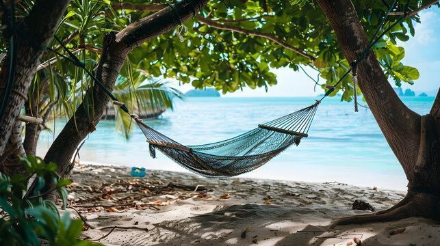 The idea of a beach vacation depicted with a hammock by the ocean