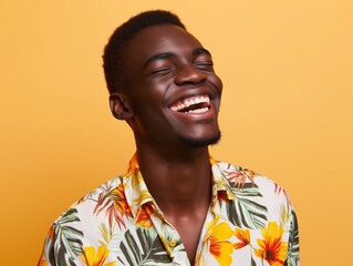 Close-up of a happy African man in a floral shirt against a vibrant orange background, embodying joy and positivity. - obrazy, fototapety, plakaty