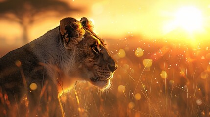 A lioness in the savannah during golden hour lighting