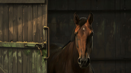 A horse's portrait taken inside a wooden stable on a horse ranch