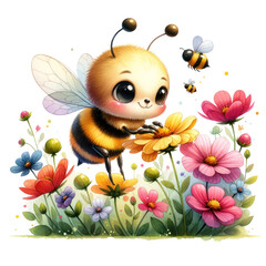 Watercolor cartoon bee is surrounded by flowers and is holding a flower. The bee is surrounded by other bees and is smiling, PNG file
