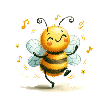 recommend clip art: Watercolor cartoon bee is dancing to music. The music notes are scattered around the bee, indicating that the bee is dancing to a lively tune, PNG file