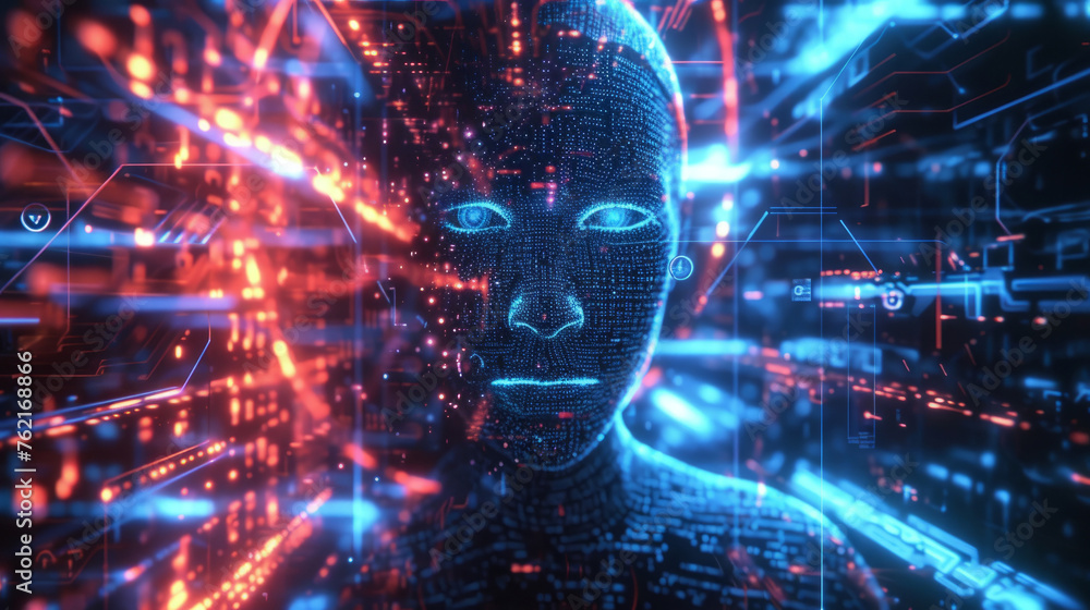 Poster a computer generated face with a blue and red background. head conceptual design closeup portrait be