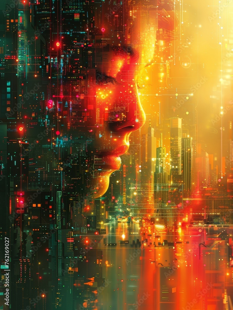 Poster futuristic abstracts in a visual representation of a networked, ai-driven society, interconnected an