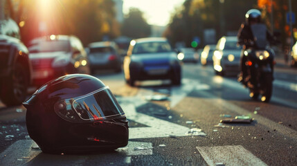 A sleek black motorcycle helmet is centered on a blurred city road background with a distant...
