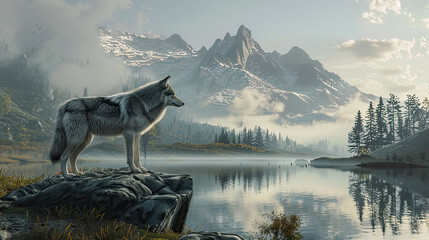 Beautiful wolf standing on a rock next to a lake