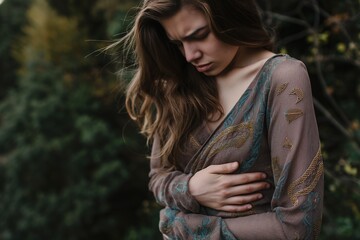 Girl holding her stomach in pain, suffering from stomach pain