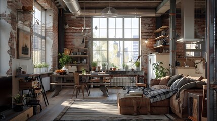 Fototapeta na wymiar Rustic-Modern Urban Loft A Cozy Sanctuary of Natural Light and Industrial Chic