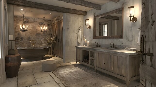 Rustic-Luxe Farmhouse Bathroom Design A Stone Tub and Wire-Brushed Timber Vanity
