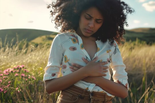 Girl holding her stomach in pain, suffering from stomach pain