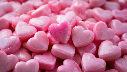 Pile of small pink heart-shaped sugar candies. Sweet treat.