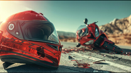 A lone shiny red motorcycle helmet lies on the desert road with a wrecked scooter in the background, depicting a deserted highway accident scene - obrazy, fototapety, plakaty