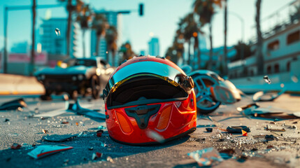This striking image captures a bright red motorcycle helmet with a reflective visor among debris under the harsh sunlight of a cityscape setting after an accident - obrazy, fototapety, plakaty