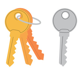 Set of door keys isolated vector flat graphic, bunch of silver, gold and bronze keys on a ring, keys clipart