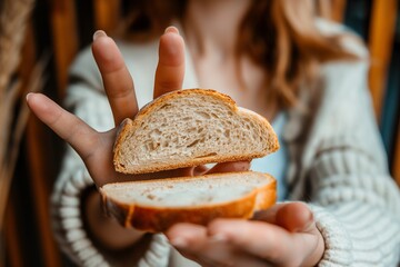 Gluten allergy, woman hand holding bread slice, refusing to eat, Gluten intolerant and Gluten free diet concept - obrazy, fototapety, plakaty