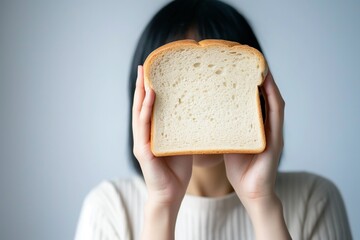 Gluten allergy, woman hand holding bread slice, refusing to eat, Gluten intolerant and Gluten free diet concept - obrazy, fototapety, plakaty