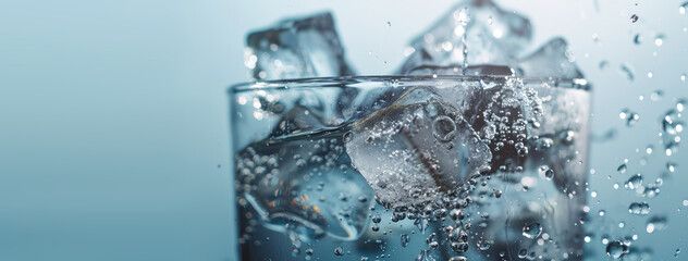 Ice Cubes Splashing in Glass of Water. Crisp close-up of ice cubes splashing into a glass, water droplets in motion, copy space.