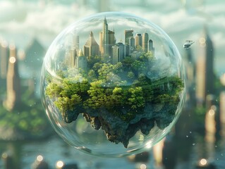 An imaginative world housed in a bubble features a tiny ecosystem and floating landmasses - obrazy, fototapety, plakaty