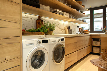 A kitchen with a white washer and dryer, a counter with a basket of vegetables - obrazy, fototapety, plakaty