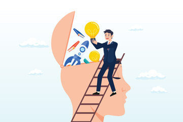 Man putting light bulb ideas, books and rocket booster into human head to upgrade working skill, up skill, learn new things or knowledge development for new skill, improve job qualification (Vector)