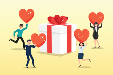 People customer hold heart shape to redeem loyalty reward, loyalty program, gift card reward or spending bonus, shopping or sale to earn promotion prize, discount or redeem reward (Vector)