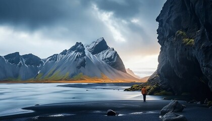 Icelandic Landscape with Mountains and Black Sand - obrazy, fototapety, plakaty