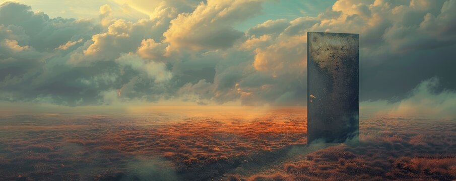 Innovative photography portrays a conceptual symbol an open door revealing a surreal landscape