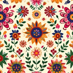 Fototapeta na wymiar Warm-toned seamless pattern featuring a detailed Latin geometric floral design, ideal for fabric prints and cultural decorations.