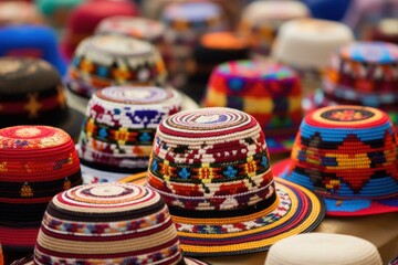 Fototapeta na wymiar Festive Peru colorful decorated hats. Brightly multicolored ceremonial festive headwear. Generate ai