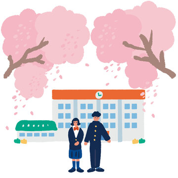 桜の木下に立つ制服を着た男女の学生のシンプルでフラットなイラスト
