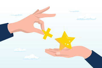 Businessman hand holding star value and another added plus sign to it, value added, increase value or price of product to make profit, additional advantage or development for more benefit (Vector) - obrazy, fototapety, plakaty